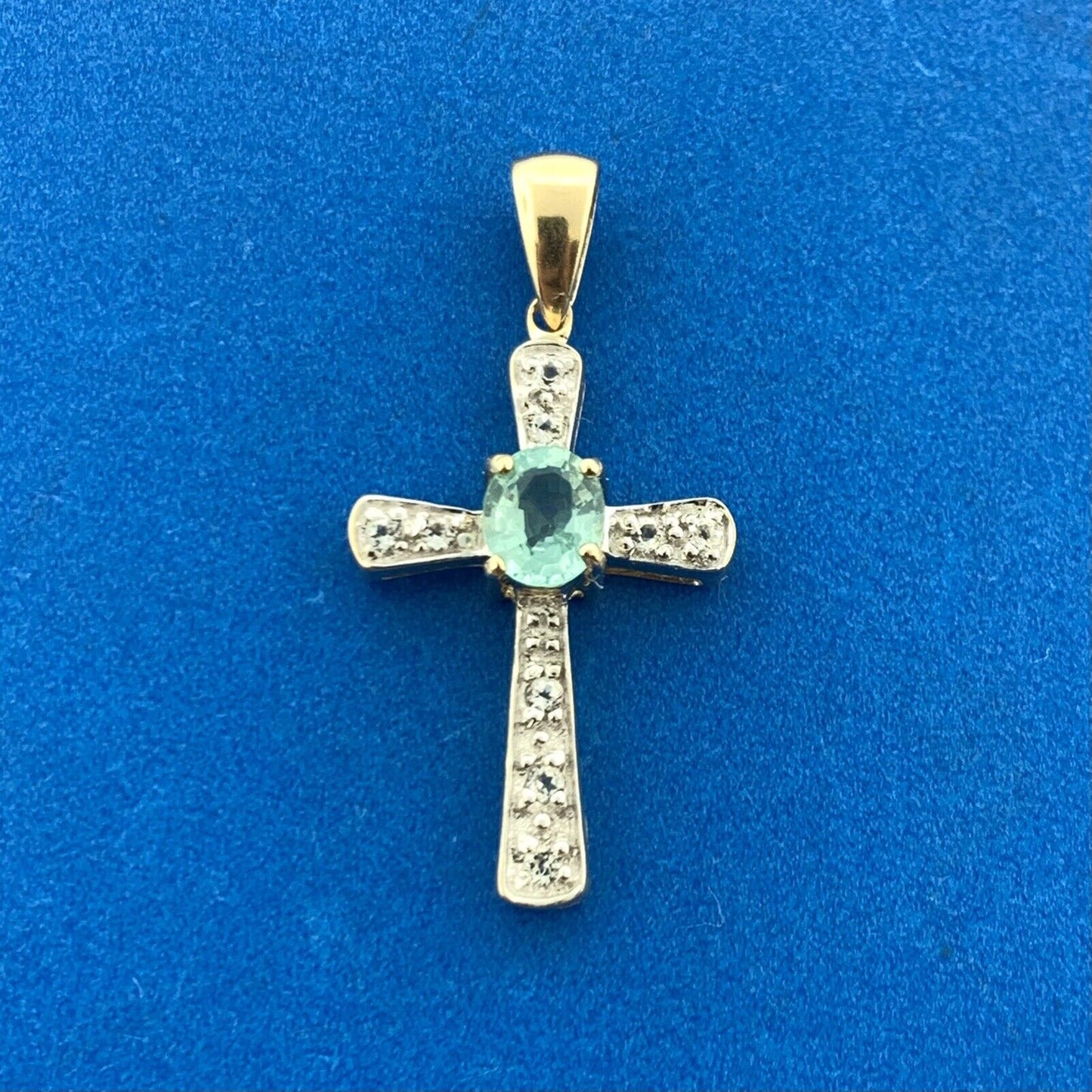 Designer 14K Yellow Gold Blue Tourmaline Diamond Accented Cross Pendant