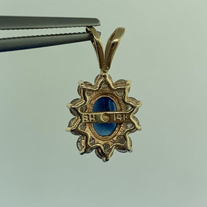 14K Yellow Gold Oval Blue Sapphire Diamond Halo Pendant