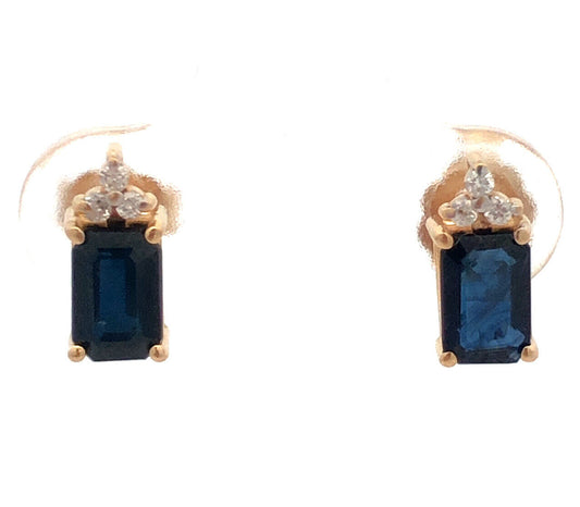 Designer 14K Yellow Gold Emerald Cut Sapphire Diamond Accented Stud Earrings