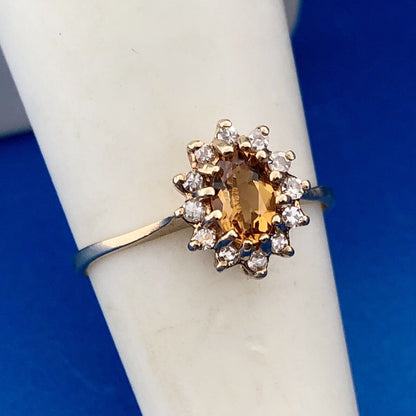 Vintage 10K Yellow Gold Oval Citrine Diamond Halo Engagement Cocktail Ring