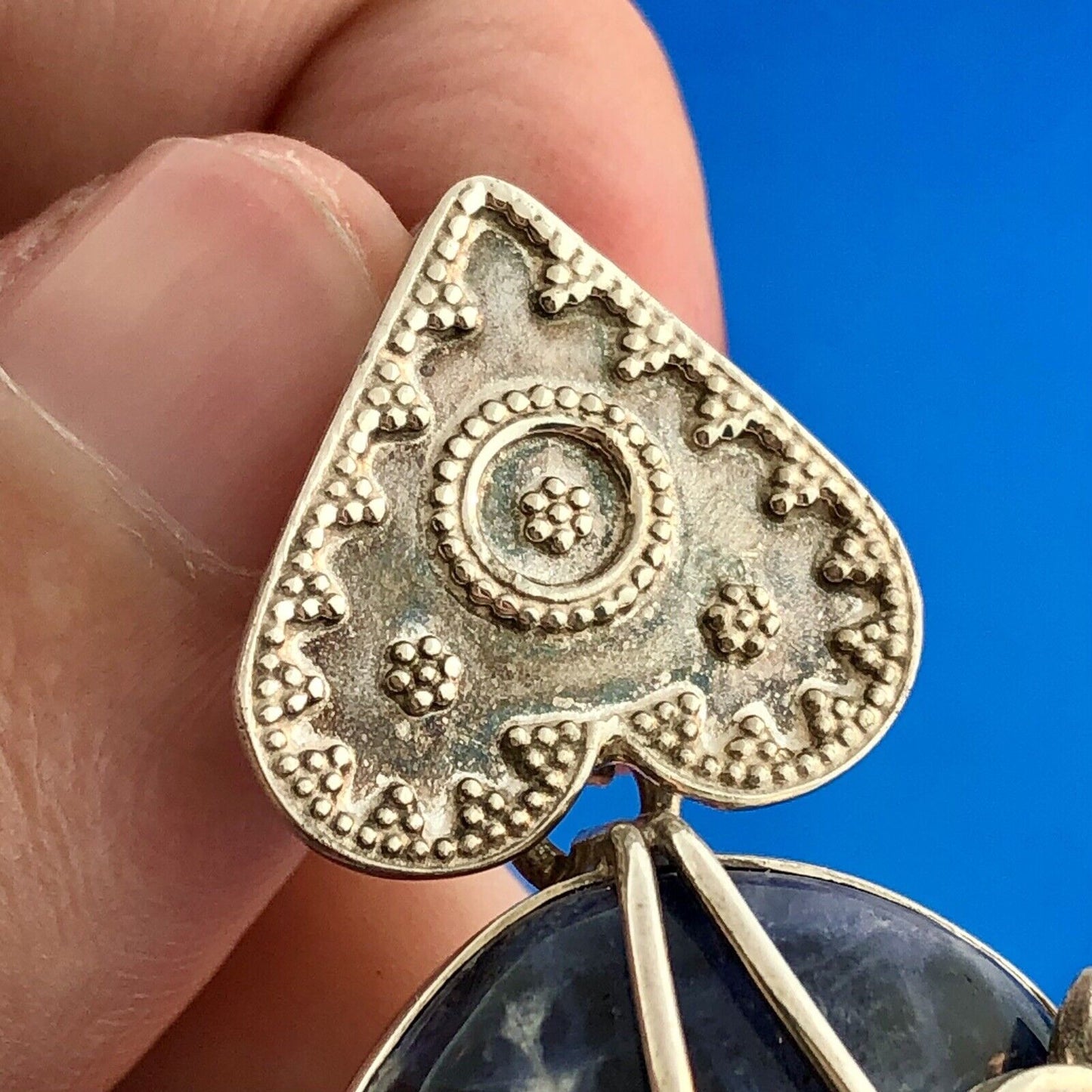 Vintage 925 Sterling Silver Lapis Lazuli Floral Beadwork Statement Pendant