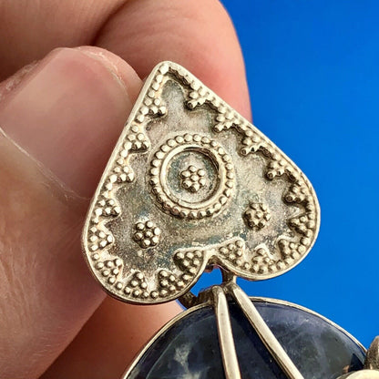 Vintage 925 Sterling Silver Lapis Lazuli Floral Beadwork Statement Pendant