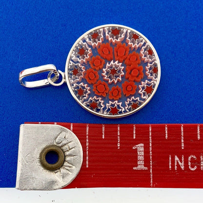 Vintage Italy Sterling Silver 925 Murano Millefiori Art Glass Disc Pendant