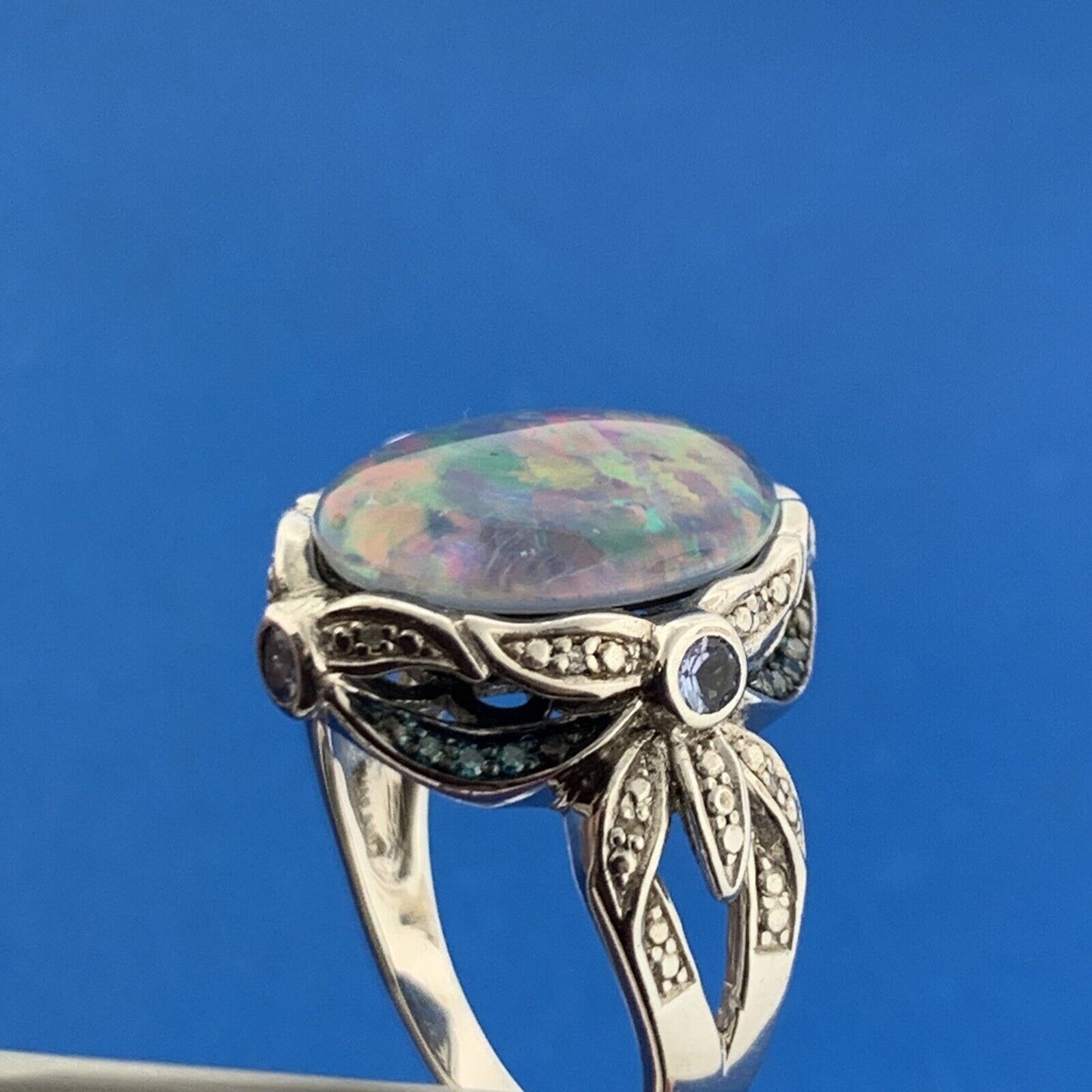 Designer 925 Sterling Silver Opal Doublet Amethyst Blue Diamond Accented Ring