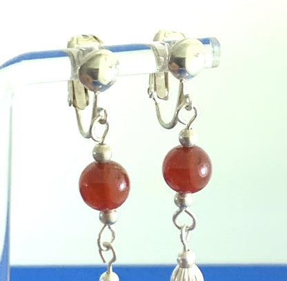 Vintage Carnelian Bead 925 Sterling Silver Dangle Clip On Earrings