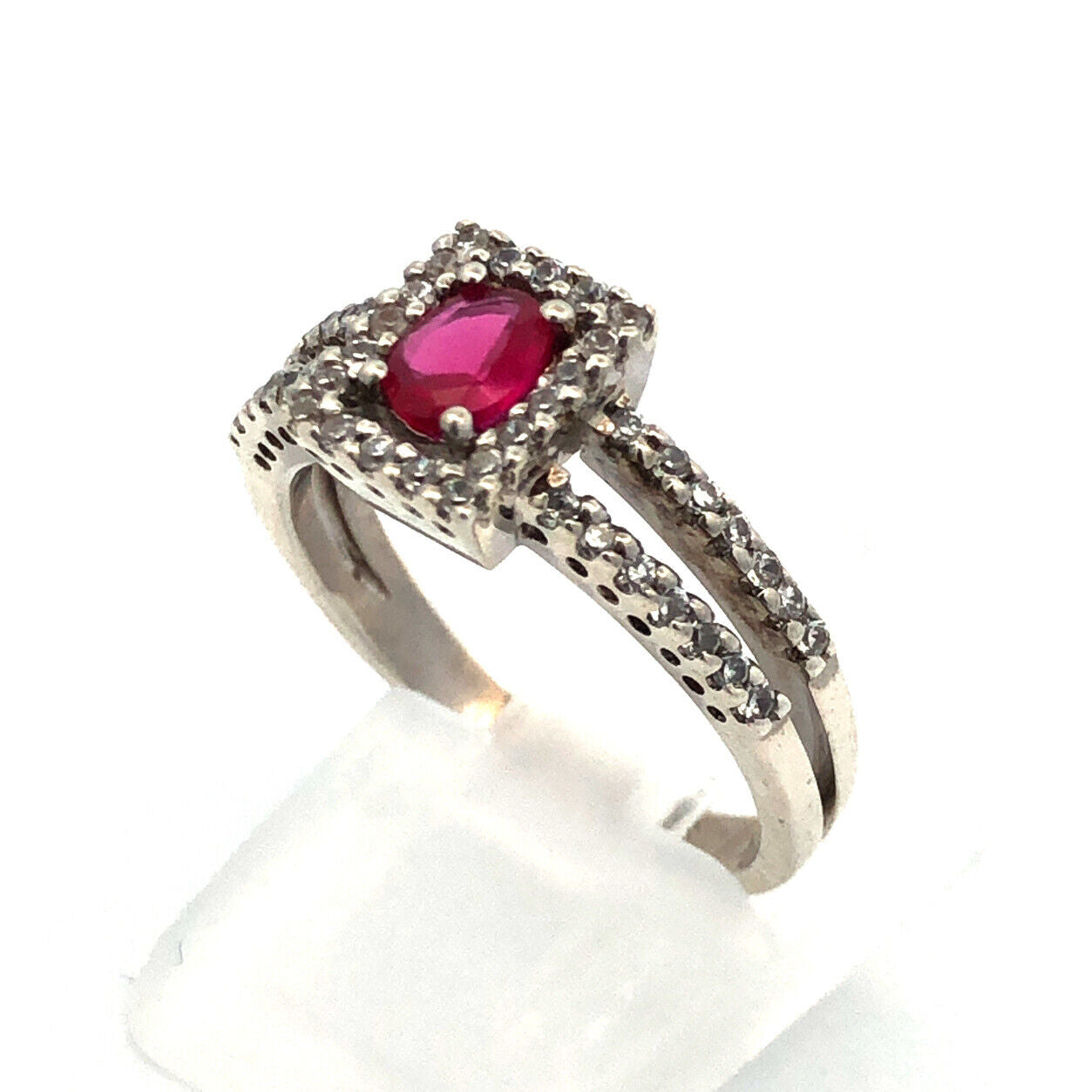 14K White Gold Lab Created Oval Ruby Round Pave Diamond Halo  Ring