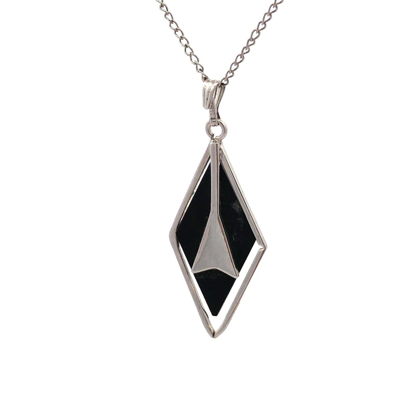 Estate 925 Sterling Silver Black Onyx Modernist Pendant Necklace