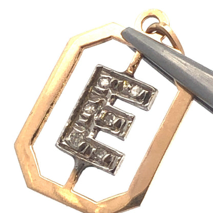 Estate 14K Yellow White Gold Round Diamond Letter Initial E Monogram Pendant