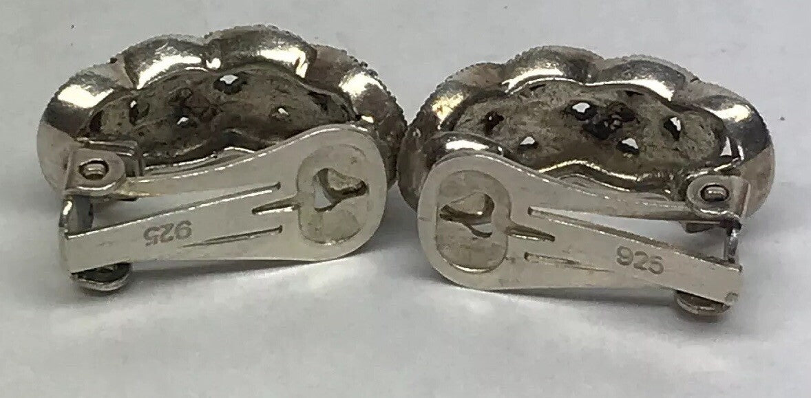 Art Deco 925 Sterling Silver Marcasite Open Work Basket Weave Clip Earrings