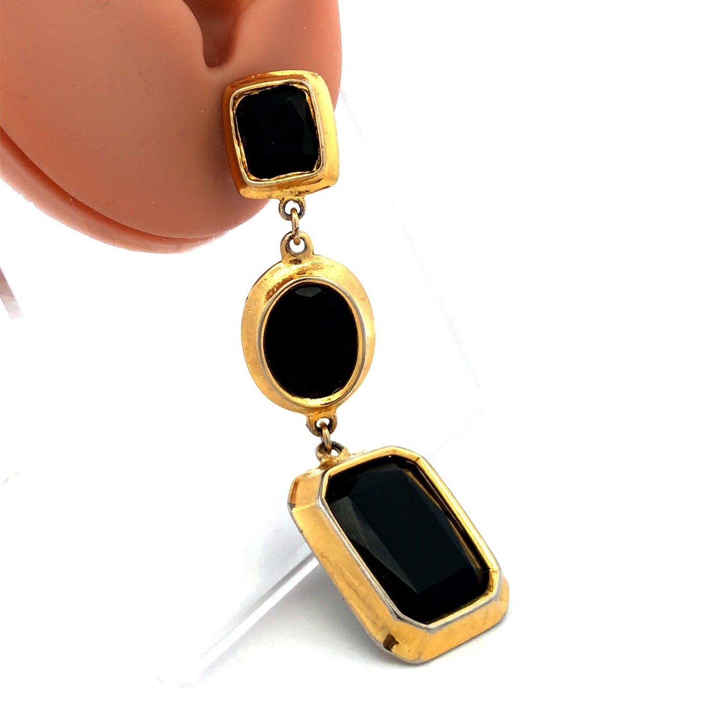 Vintage Runway Gold Tone Black Faceted Glass Statement Dangle Clip Earrings