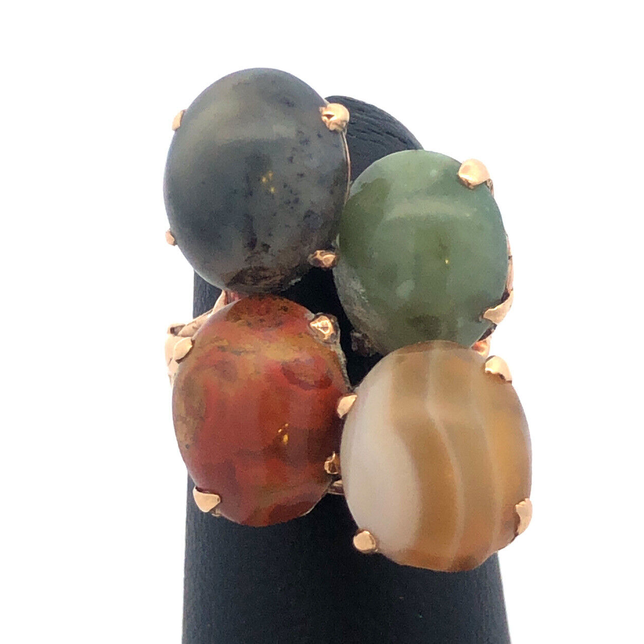Retro Custom 14K Yellow Gold Jade Agate Jasper Protection Strength Courage Ring