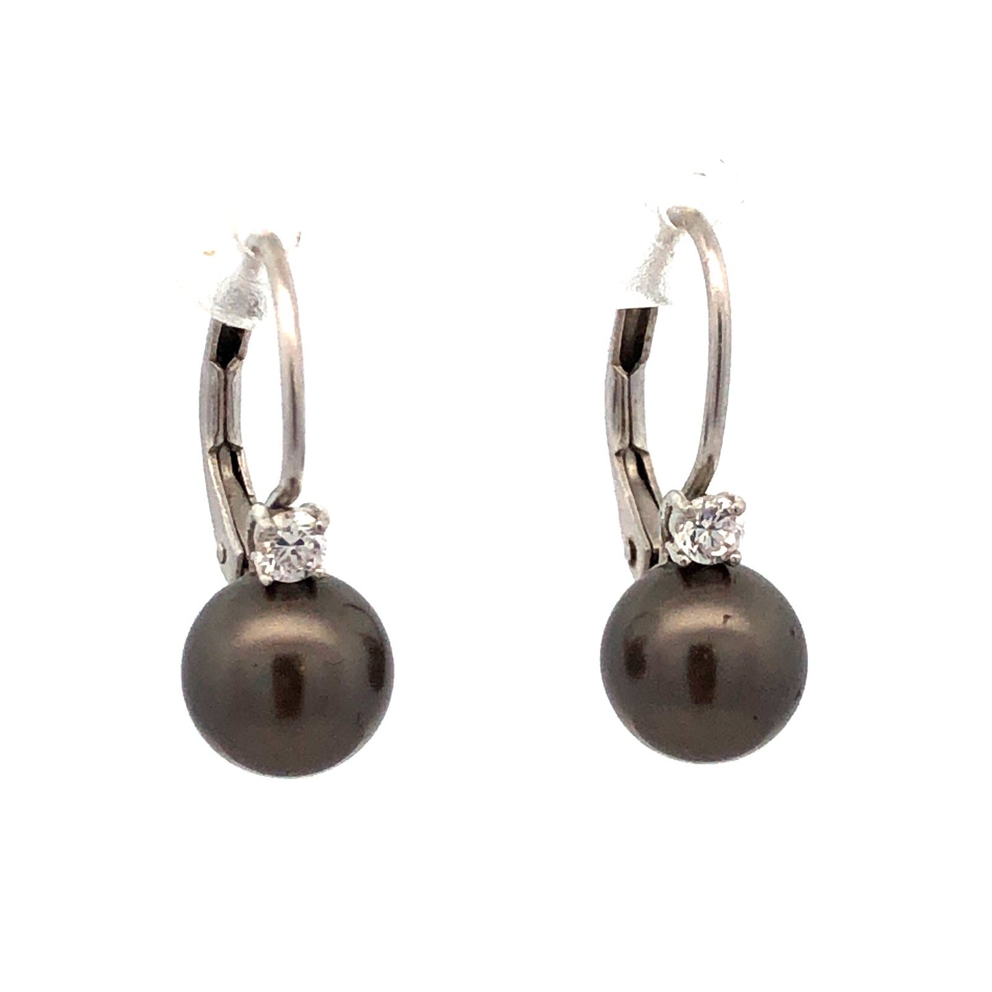 925 Sterling Silver Round Tahitian Pearl CZ Lever Back Dangle Earrings