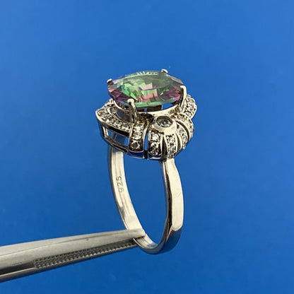 925 Sterling Silver Oval Mystic Topaz Cubic Zirconia CZ Halo Accent Ring
