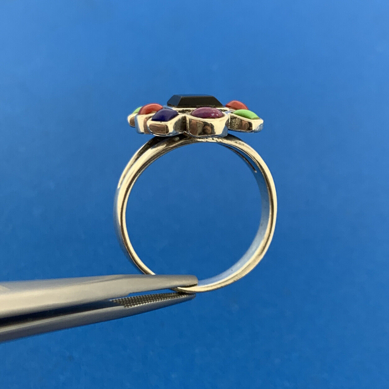 925 Sterling Silver Onyx Lapis Jasper Coral Turquoise Ring