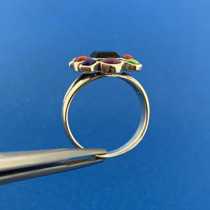 925 Sterling Silver Onyx Lapis Jasper Coral Turquoise Ring