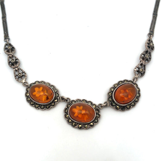 Vintage Designer 925 Sterling Silver Oval Amber Flower Marcasite Accent Necklace