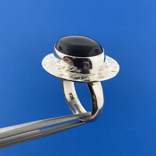 Designer CII Mexico 925 Sterling Silver Black Onyx Cabochon Hammered Halo Ring