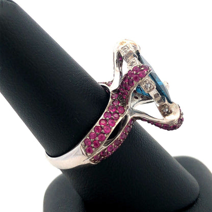 Sterling Silver London Blue Topaz Ruby Diamond Statement Cocktail Ring