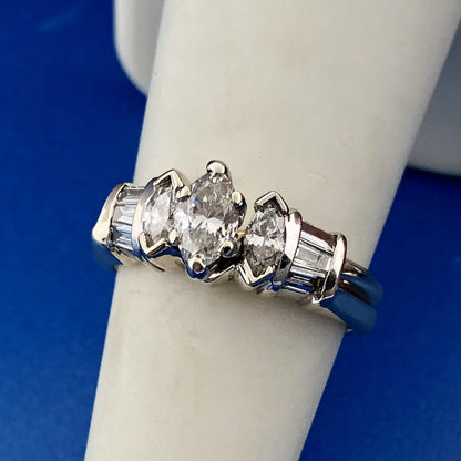 Vintage 14K Yellow White Gold Marquis Diamond Trio Accents Engagement Ring