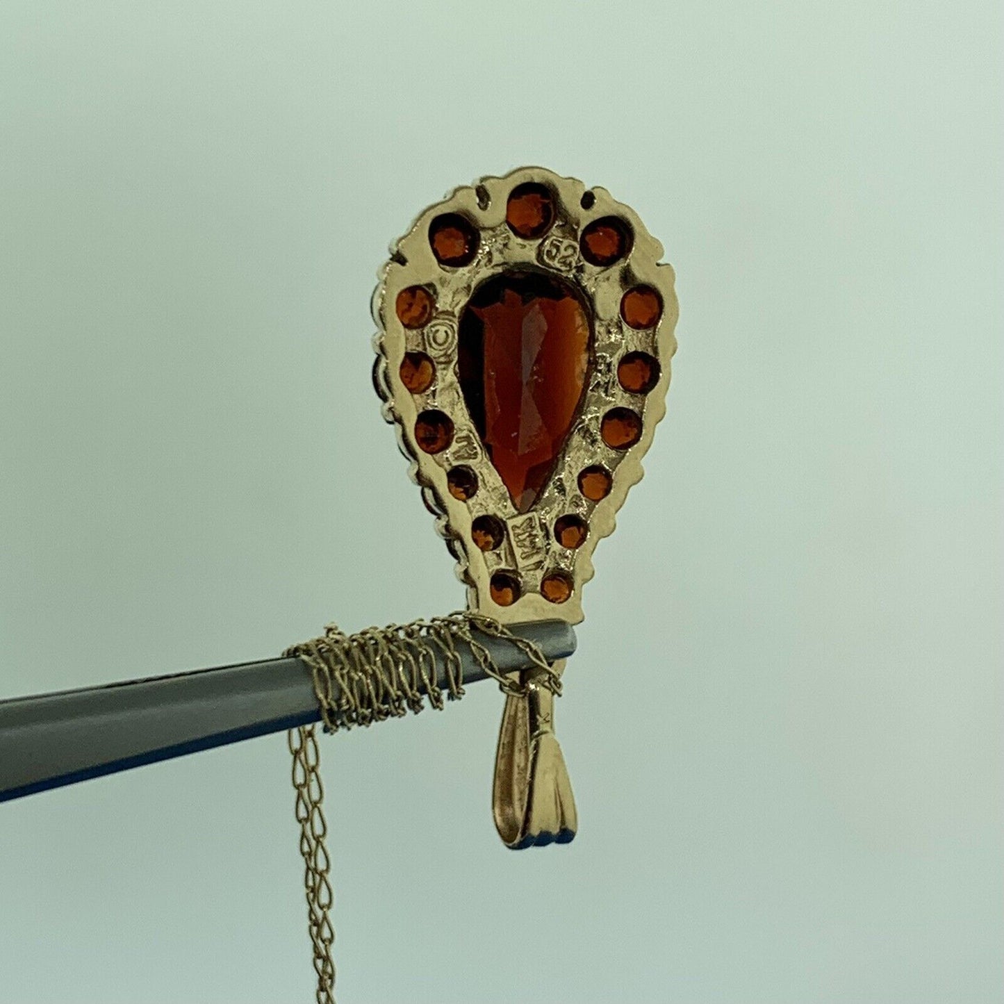 Vintage 14K Yellow Gold Pear Garnet Solitaire w/Halo January Pendant Necklace