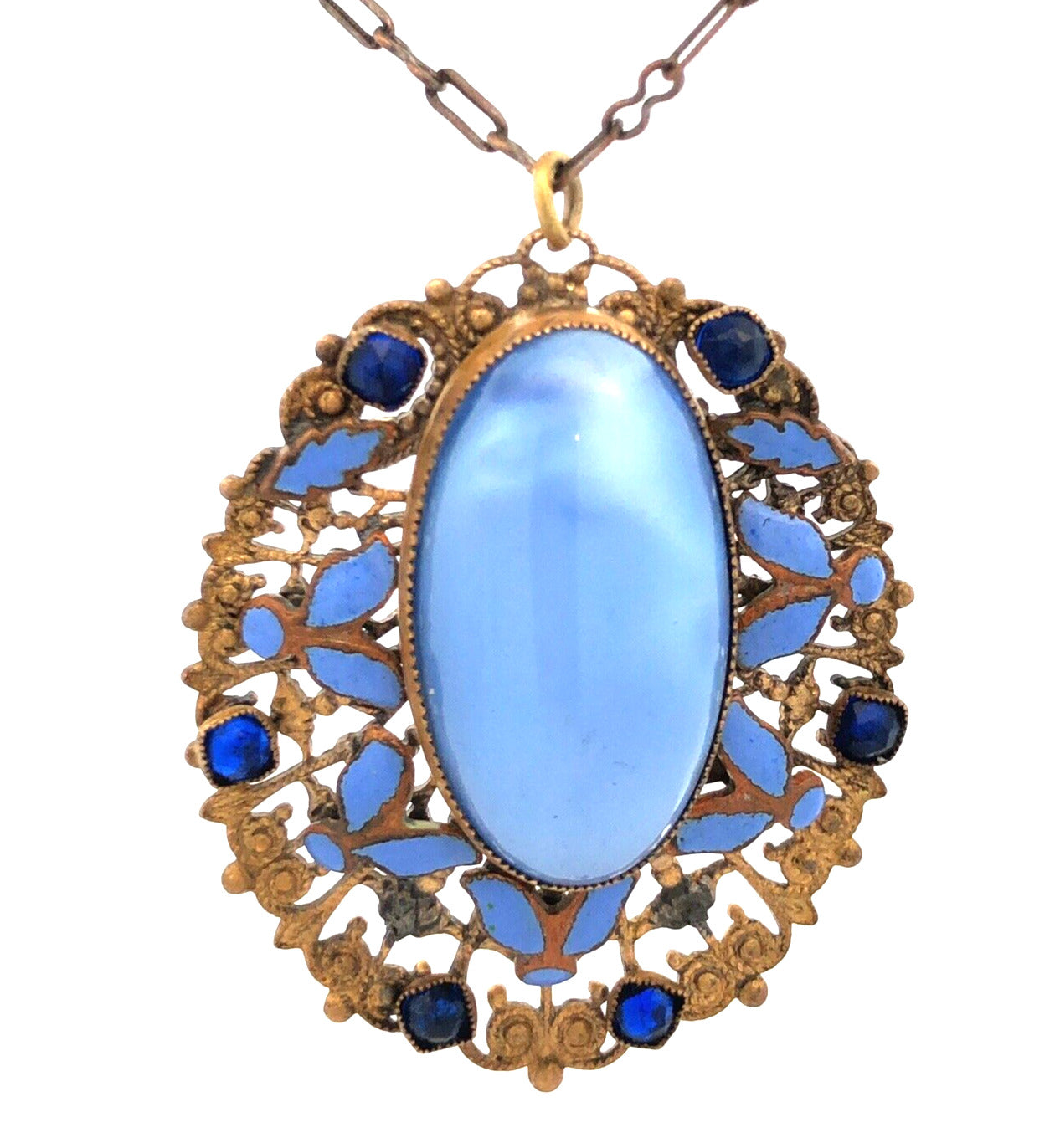 Vintage Bronze Toned Blue Enamel Rhinestone Glass Filigree Pendant Necklace