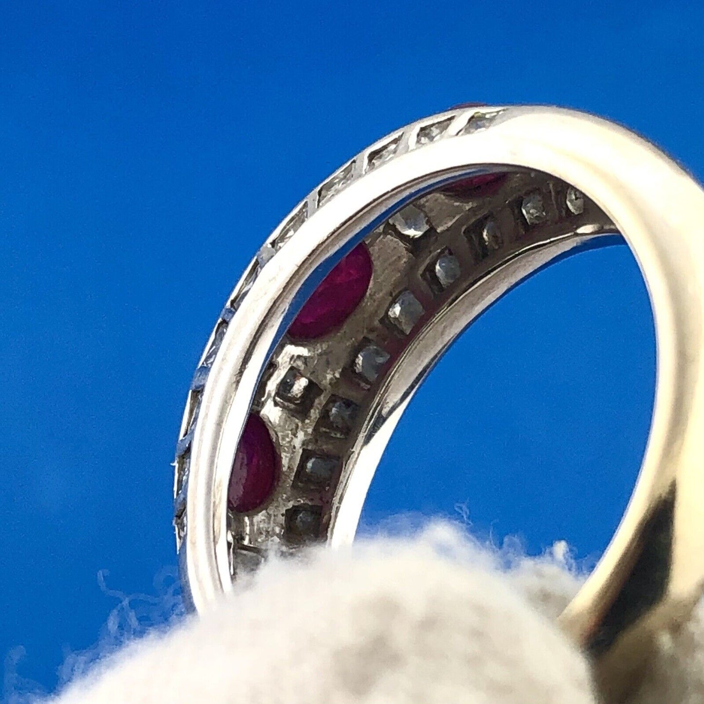 Art Deco Art Nouveau 18K White Gold Ruby Diamond July Anniversary Band Ring