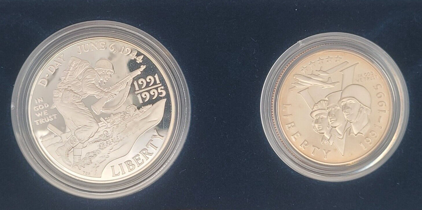 1991-1995 WWII 50th Anniversary Two Coin .900 Silver Proof Commemorative Set