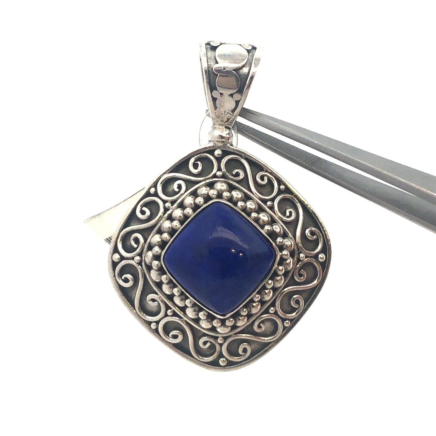 Designer BA 925 Sterling Silver Square Lapis Lazuli Scroll Statement Pendant