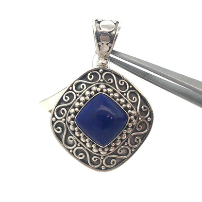 Designer BA 925 Sterling Silver Square Lapis Lazuli Scroll Statement Pendant