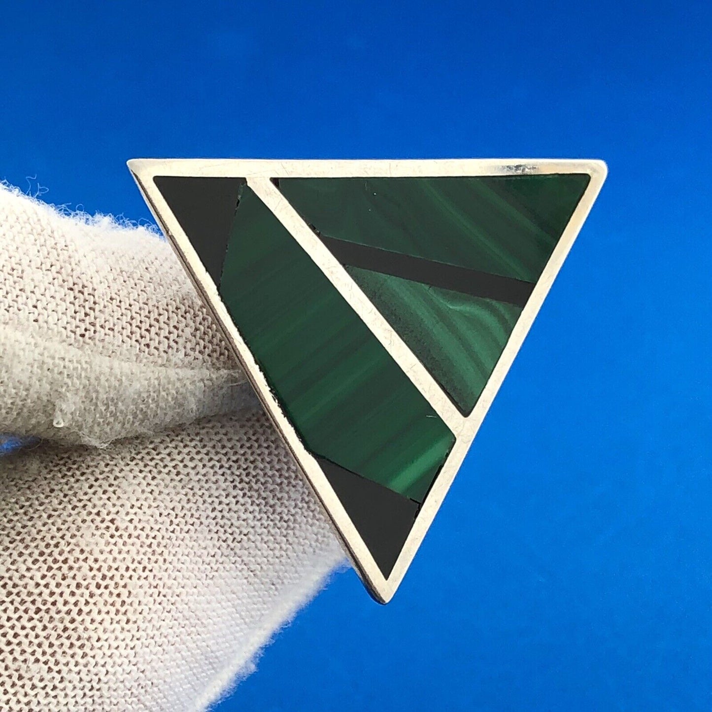 Vintage Sterling Silver 925 Modernist Malachite Onyx Statement Clip Earrings