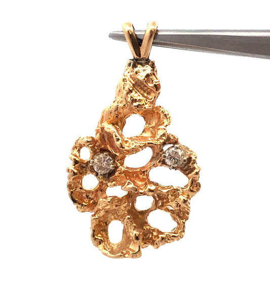 14K Yellow Gold Diamond Open Work Nugget Style Pendant