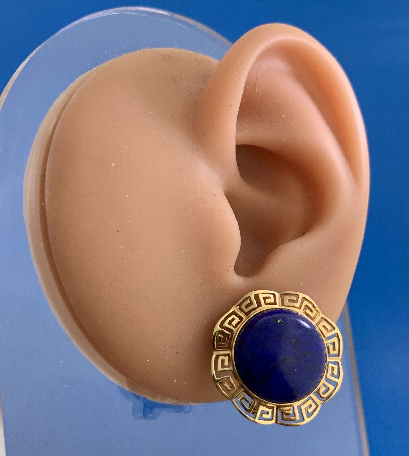 14K Yellow Gold Lapis Lazuli Cabochon Statement Omega Back Earrings