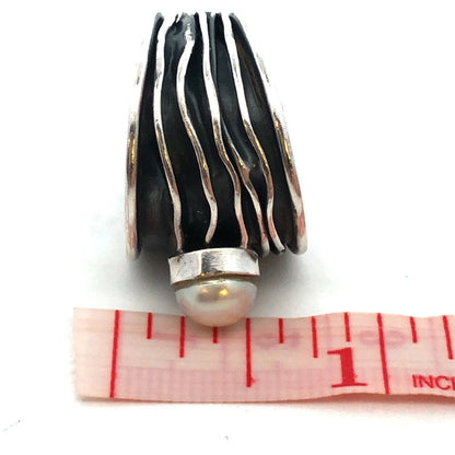 Designer Letty G Sterling Silver Pearl Solitaire Modernist Wide Cigar Band Ring