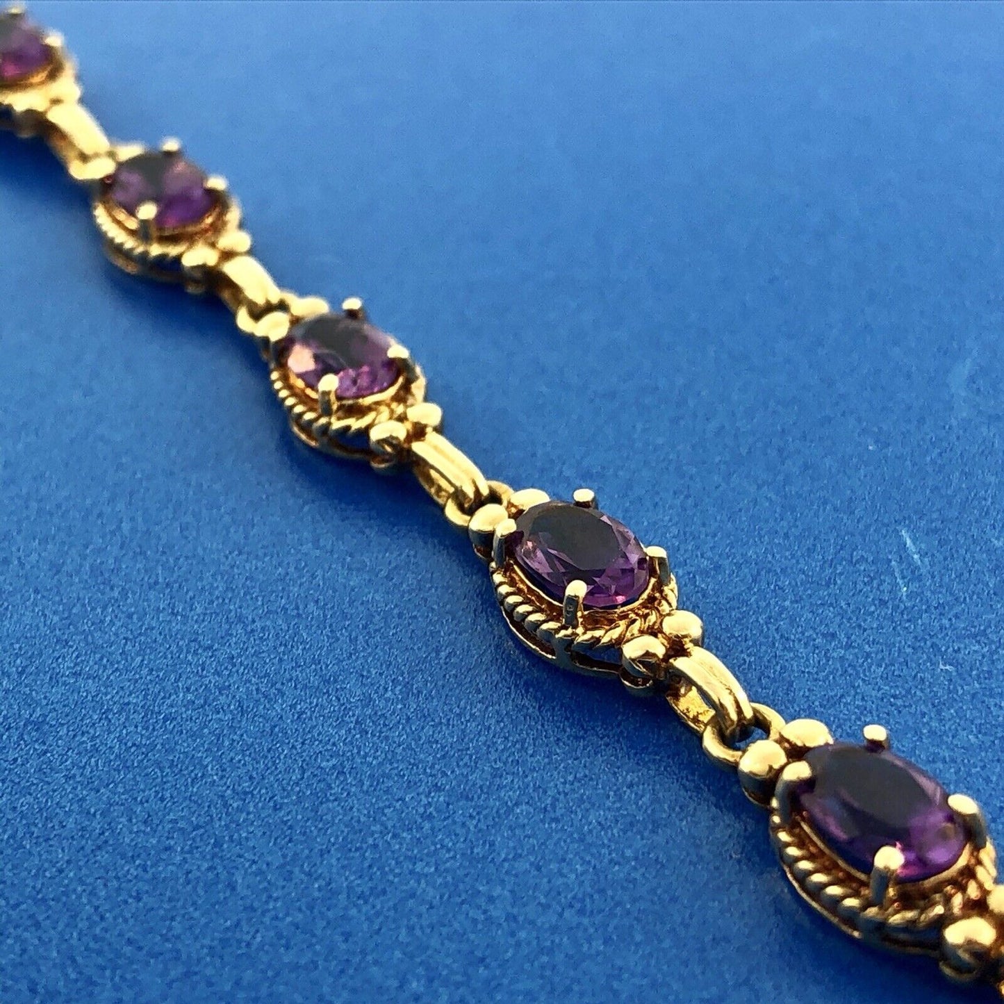 Vintage 10K Yellow Gold Oval Amethyst Panel February Anniversary Tennis Bracelet