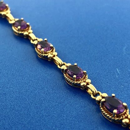 Vintage 10K Yellow Gold Oval Amethyst Panel February Anniversary Tennis Bracelet