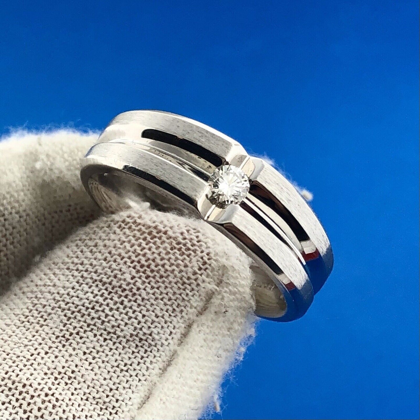 Men's 14K White Gold Diamond Solitaire Brushed Polished Incused Wedding Band