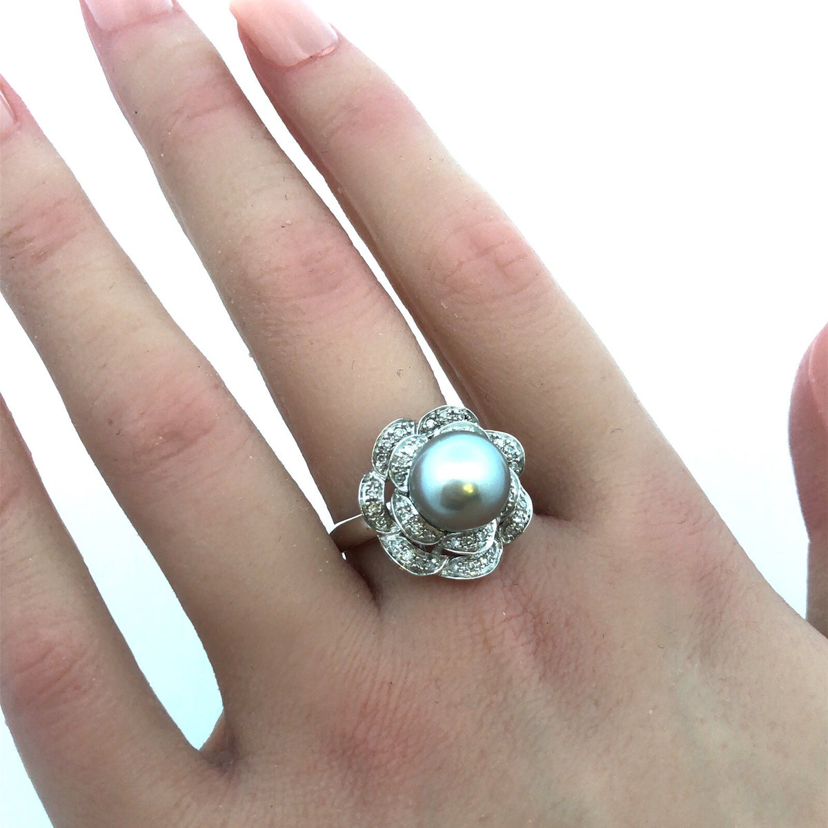 Designer 14K White Gold Tahitian Pearl Diamond Statement Cocktail Ring
