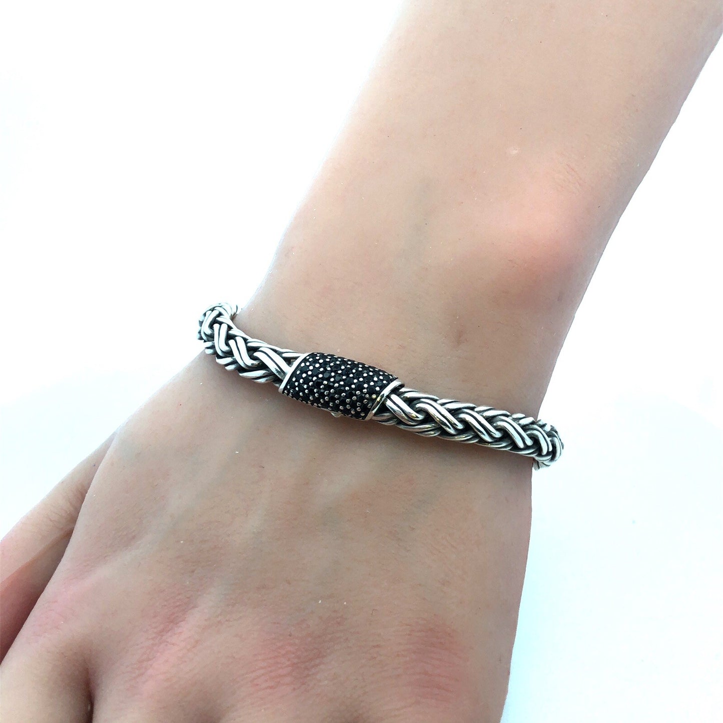 John Hardy 925 Sterling Silver Pave Black Diamond Icon Classic 6.5 mm Bracelet