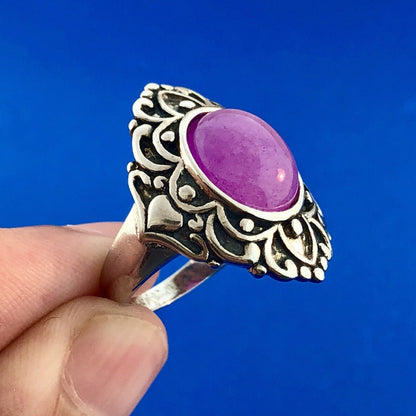 Vintage FAS Sterling Silver 925 Pink Tourmaline Cabochon Scroll Fashion Ring