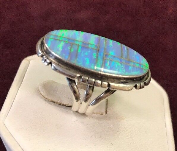 Navajo James Shay JS Sterling Silver 925 Oval Fire Opal Inlay Statement Ring