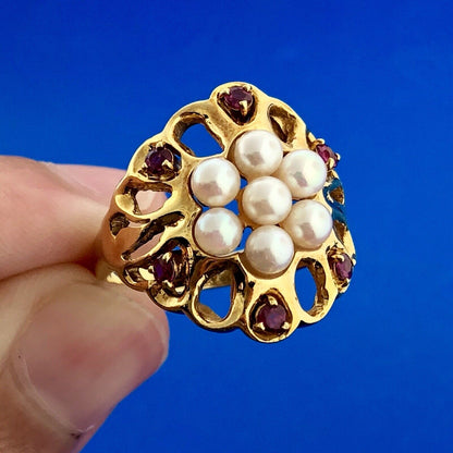 Vintage 18k Yellow Gold Pearl Cluster Ring with Ruby Accents