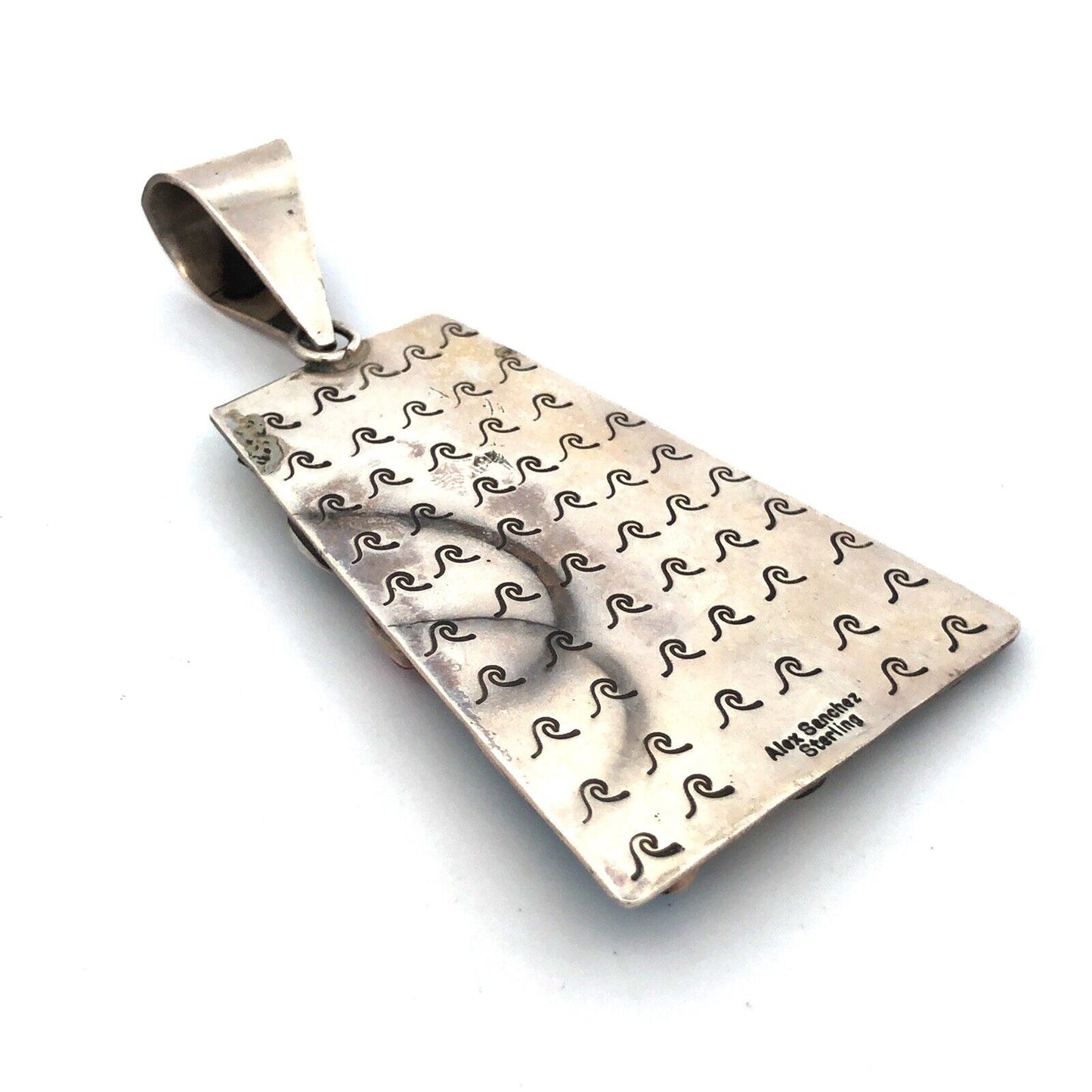 Alex Sanchez Navajo Sterling Silver Turquoise Coral Petroglyph Enhancer Pendant