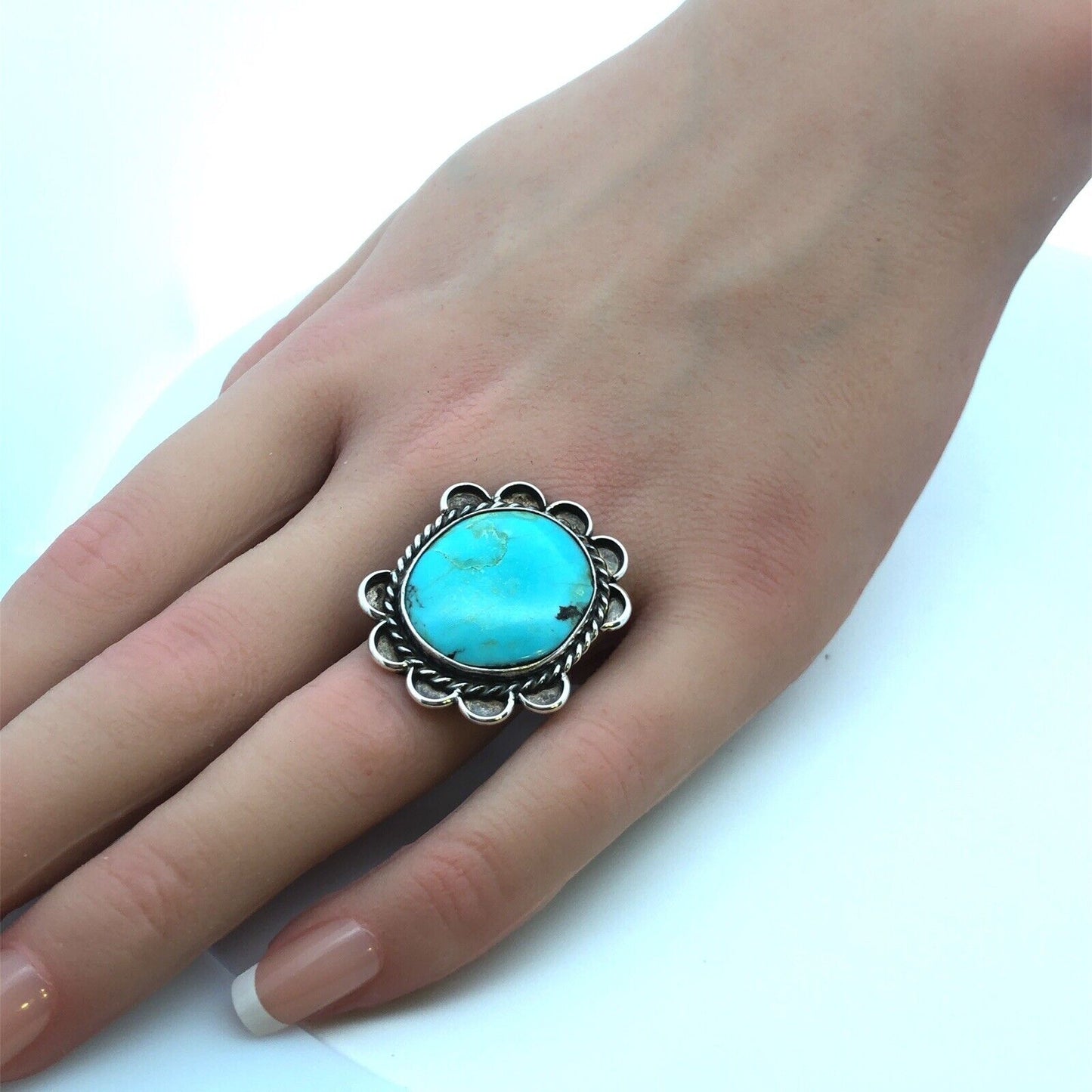 Native American 925 Sterling Silver Turquoise Cabochon Concho Statement Ring