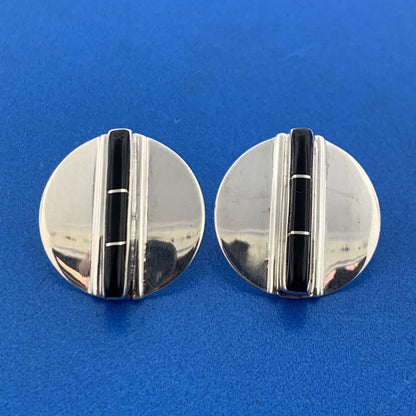 Designer Jeme V 925 Sterling Silver Black Onyx Cabochon Concho Stud Earrings