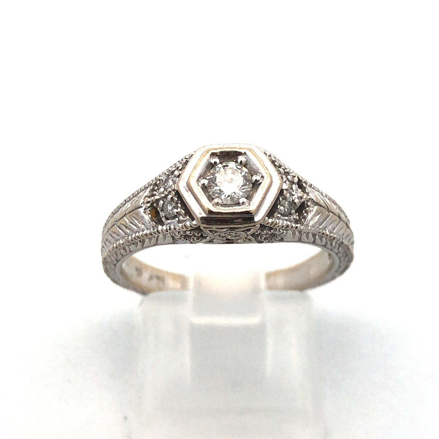 14k White Gold Round Solitaire Diamond W/Accents Art Deco Engagement Ring