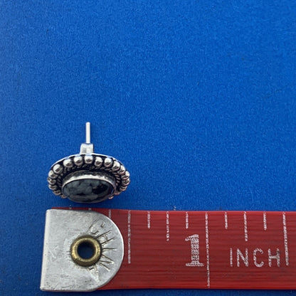 925 Sterling Silver Black White Snowflake Obsidian Oval Stud Earrings