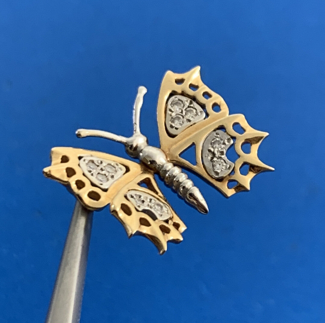 14K Yellow White Gold Diamond Two Toned Butterfly Pendant