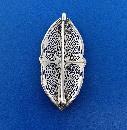 Art Deco 14K White Gold Diamond Emerald Floral Filigree Bar Pin Brooch Pendant