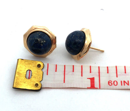 Vintage 14K Yellow Gold Round Lapis Lazuli Cabochon Modernist Stud Earrings