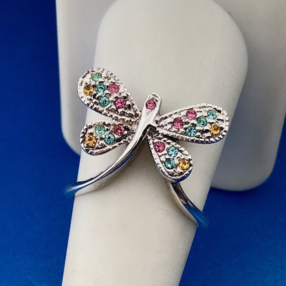 Modernistic Sterling Silver Pink Blue Yellow Cubic Zirconia CZ Butterfly Ring